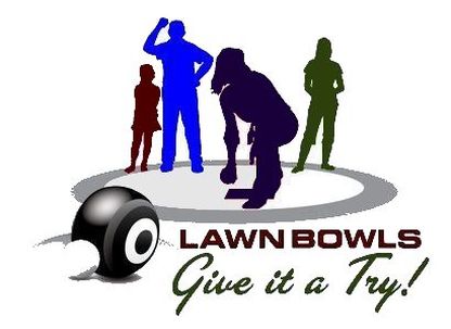 An graphic of four people who are lawnbowling superimposed on a circle with a ball in the foreground and the words quote lawnbowls give it a try unquote